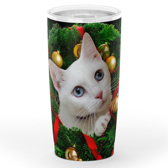 White Kitty in Wreath - Christmas Travel Mug