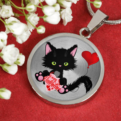 Lucky the Black Cat with Valentine - Luxury Pendant Necklace in Silver or Gold