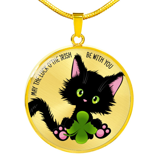 Lucky the Black Cat with Shamrock - Luxury Pendant Necklace in Silver or Gold