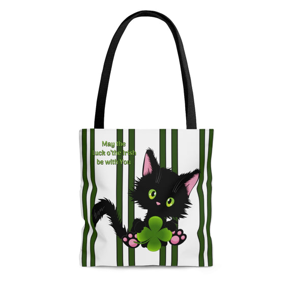 Lucky the Black Cat with Shamrock - Cloth Tote Bag