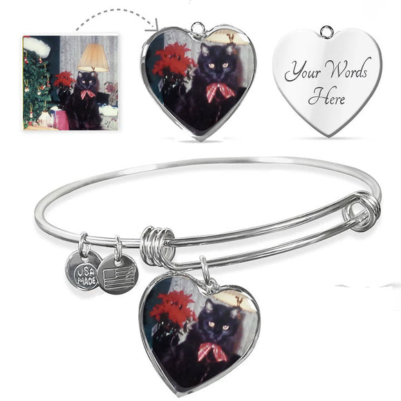 Circle Bangle Bracelet with Engravable Heart-shaped Photo Charm - Upload Your Photo to Make a Unique Gift!